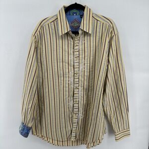 Robert Graham Yellow Striped Paisley Flip Cuff Embroidered Button Shirt Men XL